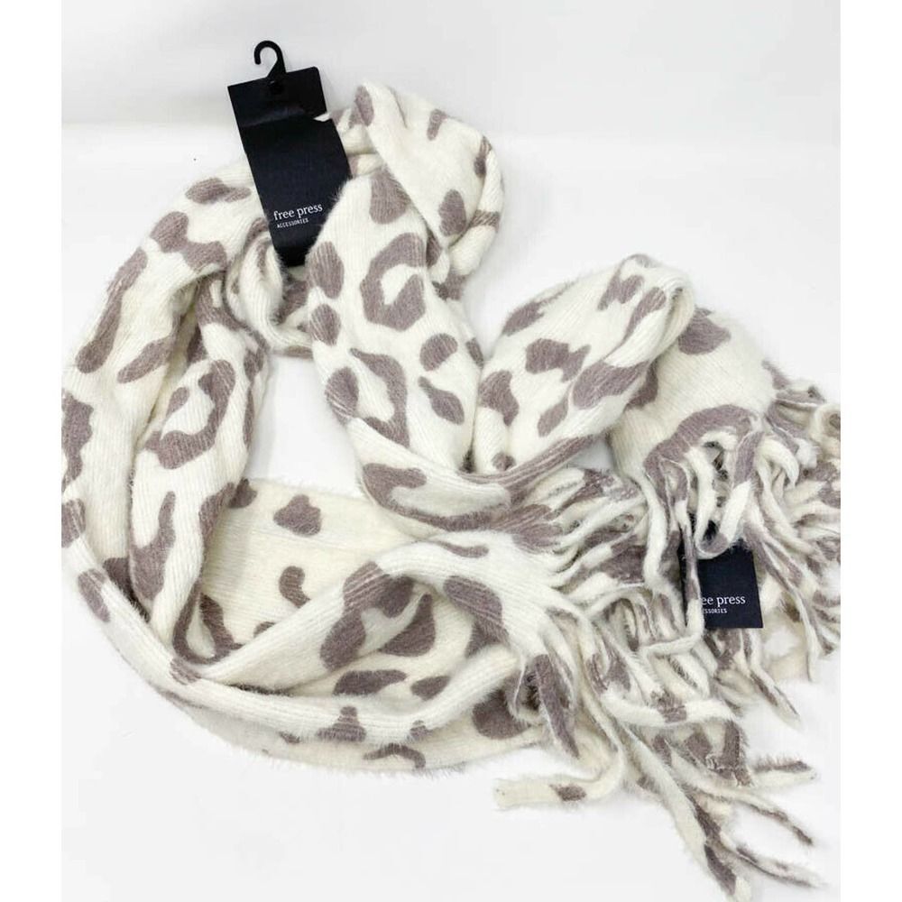 Free Press Leopard Printed Fringe Scarf‎ One Size Ivory Combo New with Tags - Picture 2 of 6